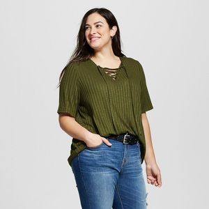 AVA&VIV PlusSize Olive Green Ribbed Lace Down Top